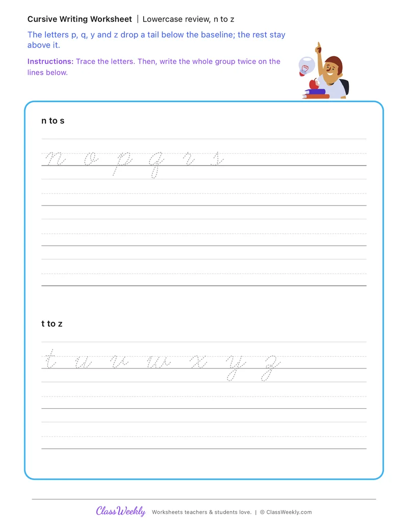 Lowercase review, n to z