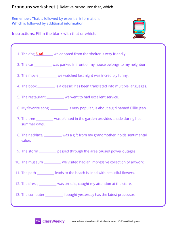 Relative pronouns (that, which) - Train