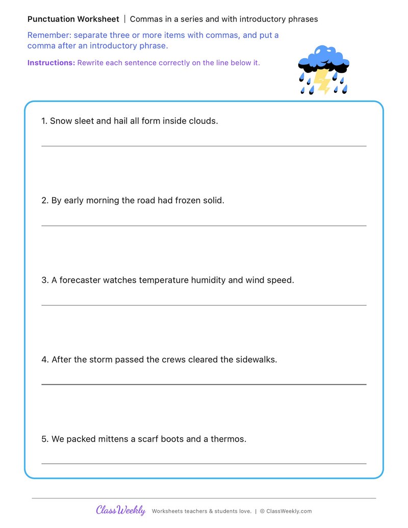 Commas in a series and with introductory phrases - Winter Science & Weather