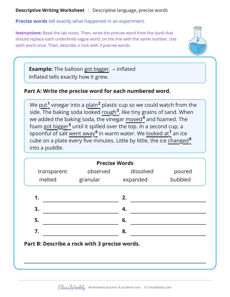 Use Precise Verbs and Adjectives in a Science Description
