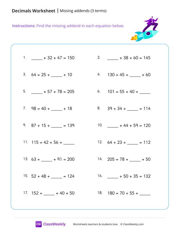 Missing addends (3 terms) - Rocket