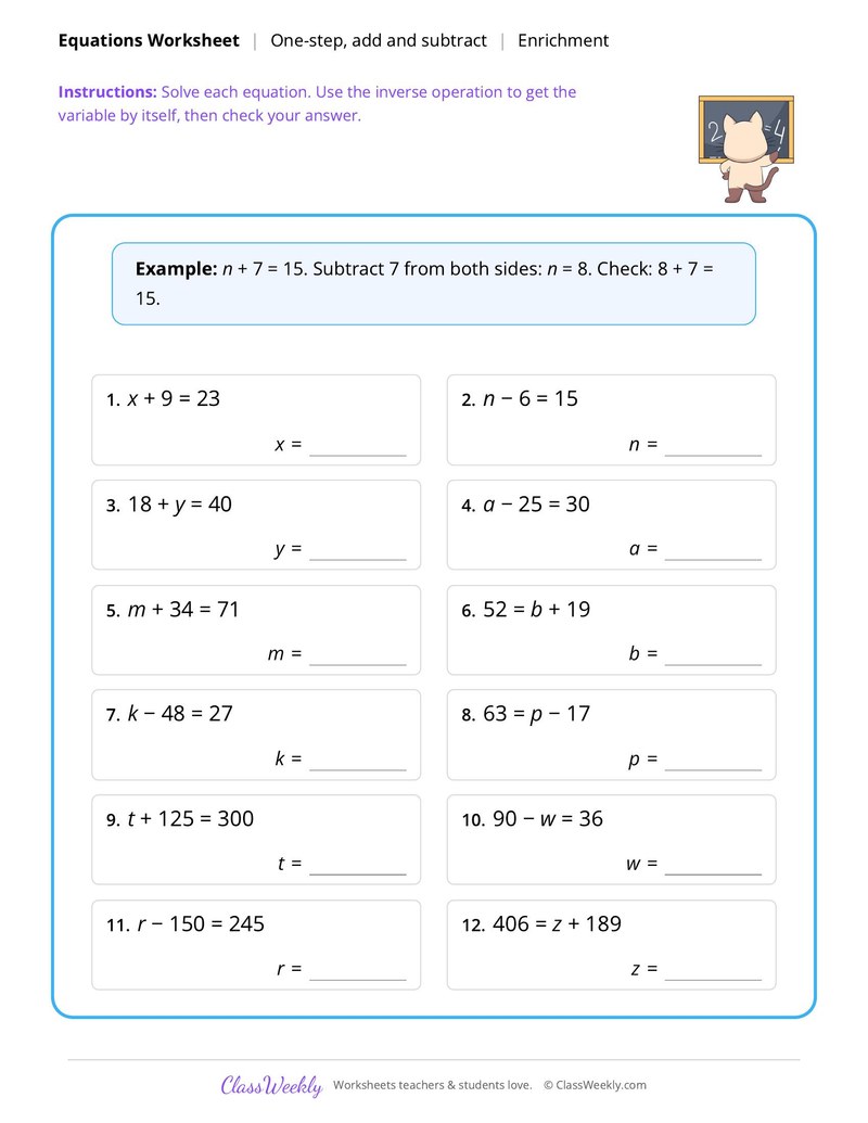 Equations: One-step, add and subtract