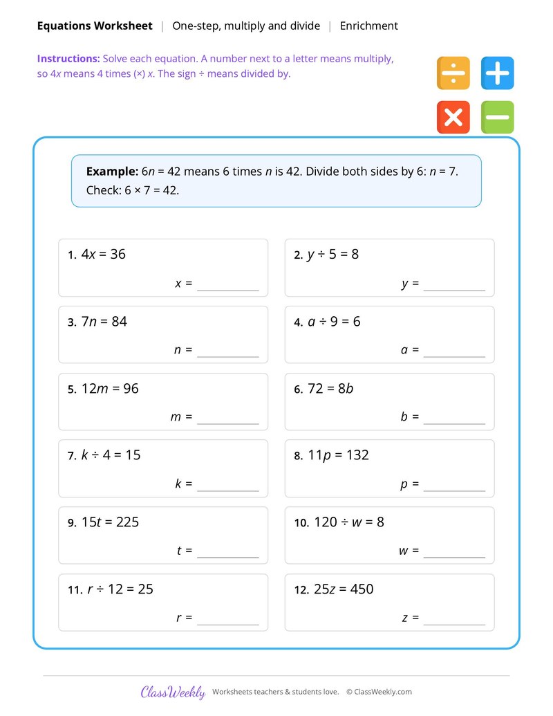 Equations: One-step, multiply and divide