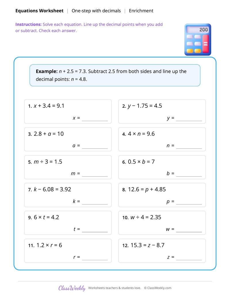 Equations: One-step with decimals