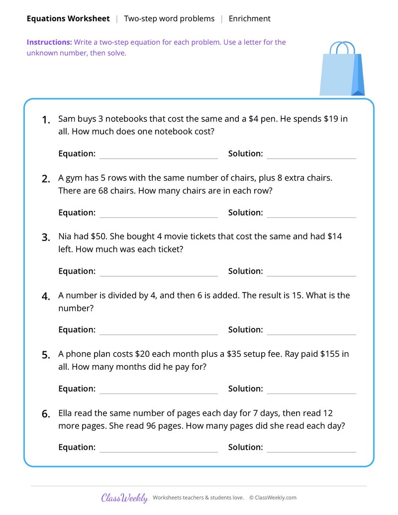Equations: Two-step word problems
