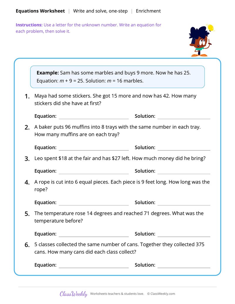 Equations: Write and solve, one-step