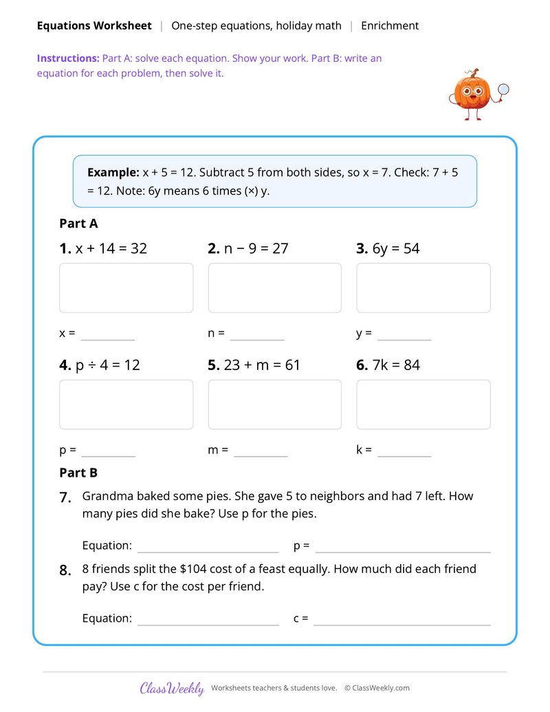 One-step equations - Thanksgiving