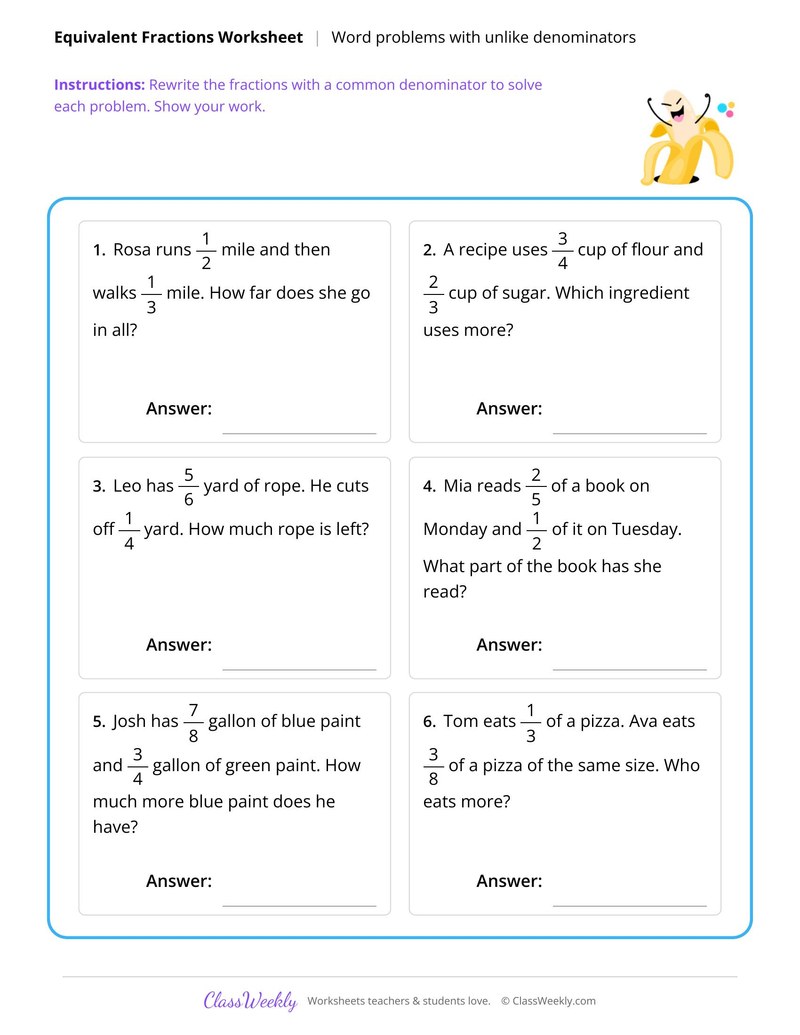 Fraction word problems with common denominators