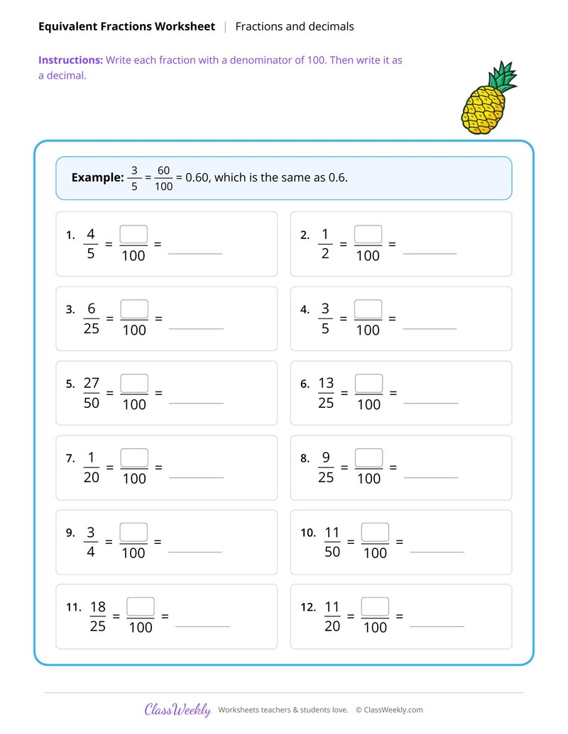 Fractions as hundredths and decimals