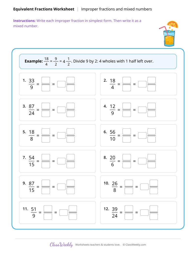 Improper fractions and mixed numbers in simplest form
