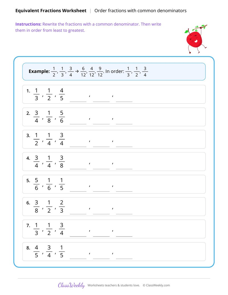 Order fractions using common denominators