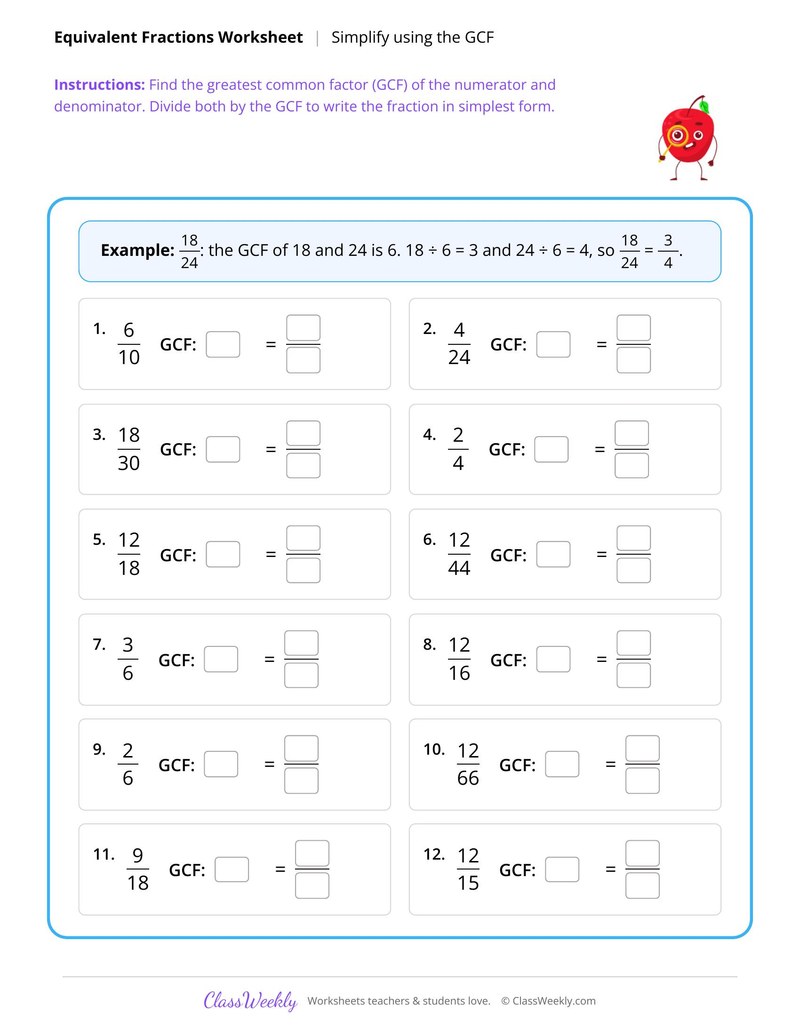 Simplify fractions using the GCF