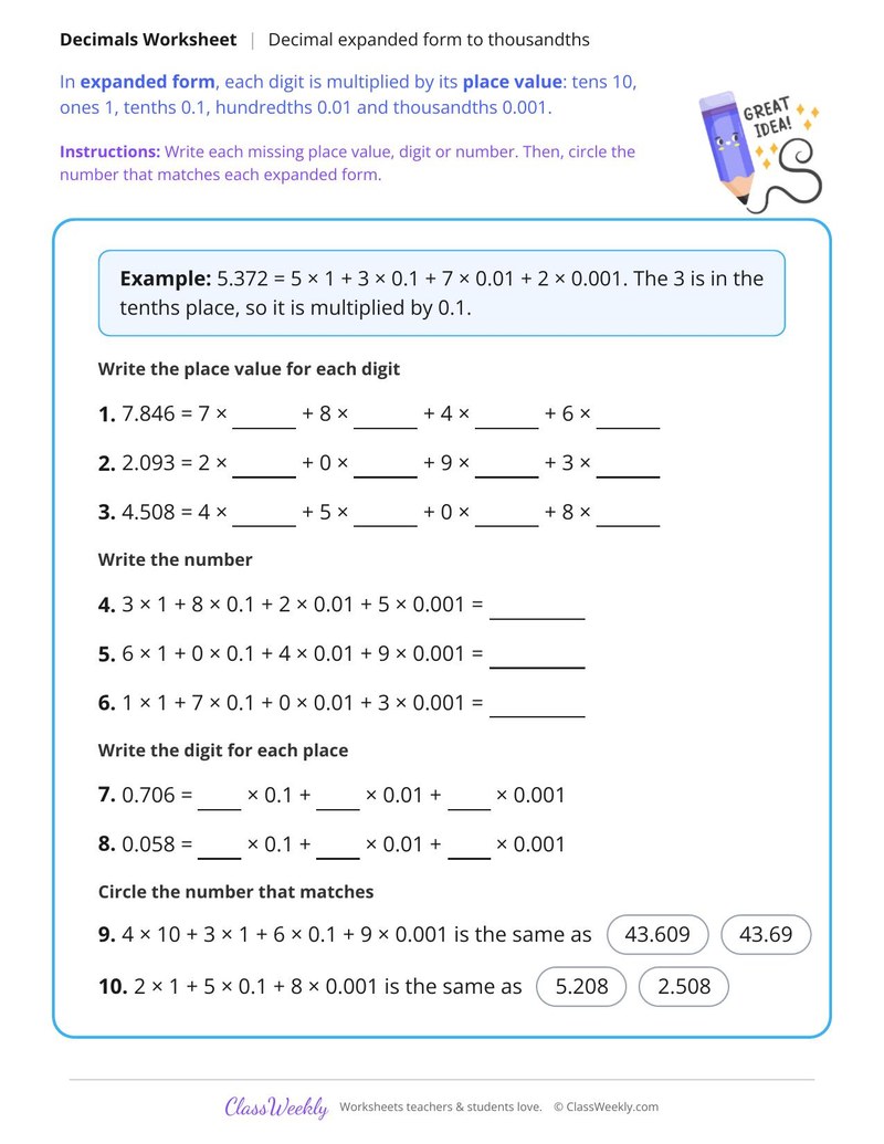 Decimal Expanded Form to Thousandths