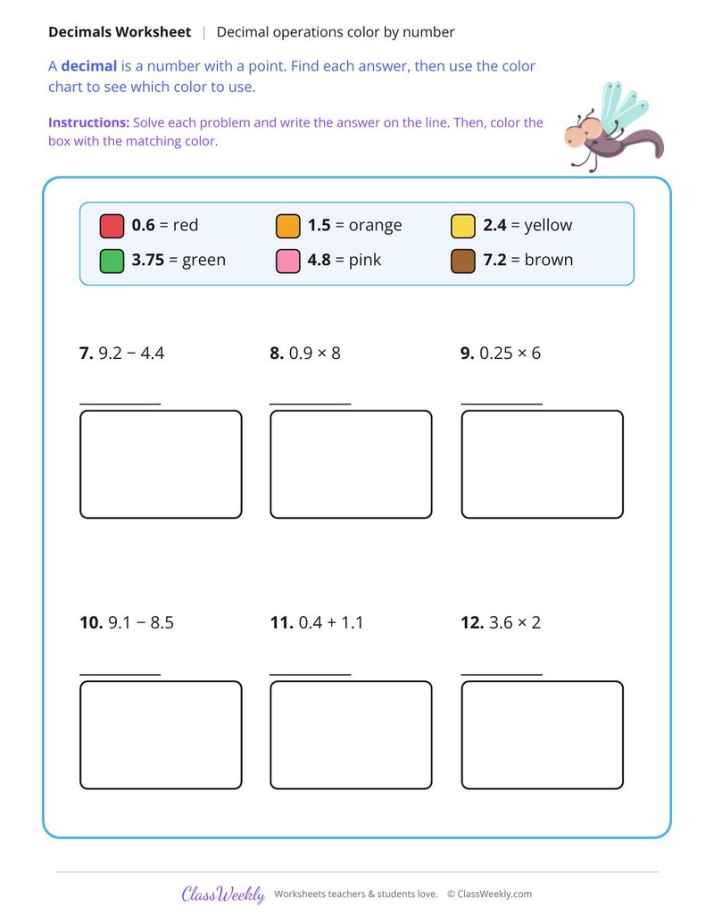 Decimal Operations Color by Number - Page 2