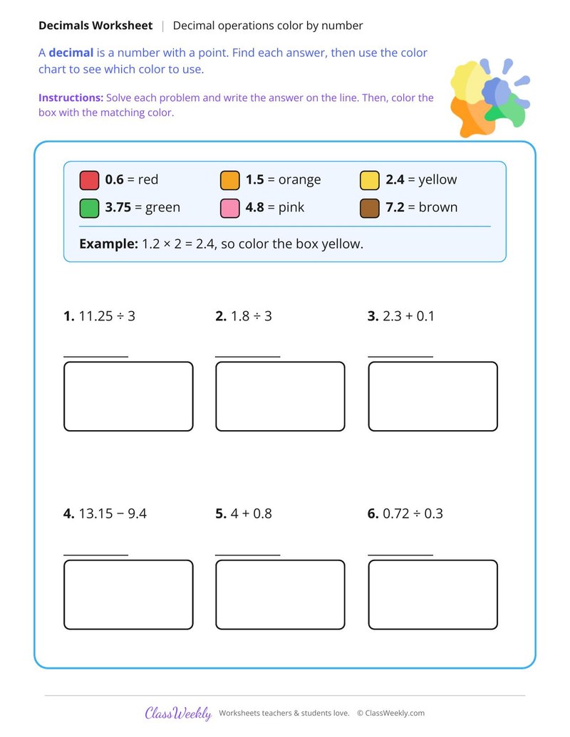 Decimal Operations Color by Number - Page 1