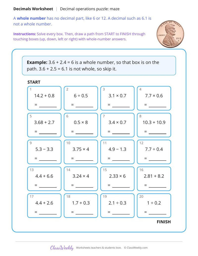 Decimal Operations Maze Puzzle
