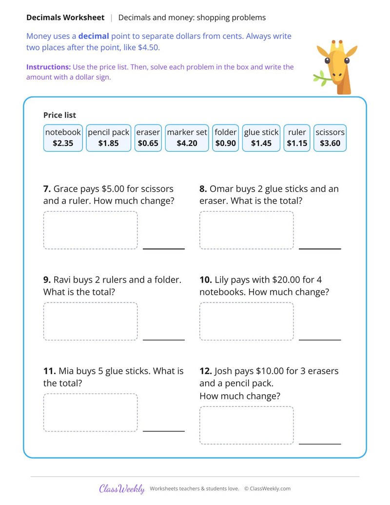 Decimals and Money Shopping Problems - Page 2