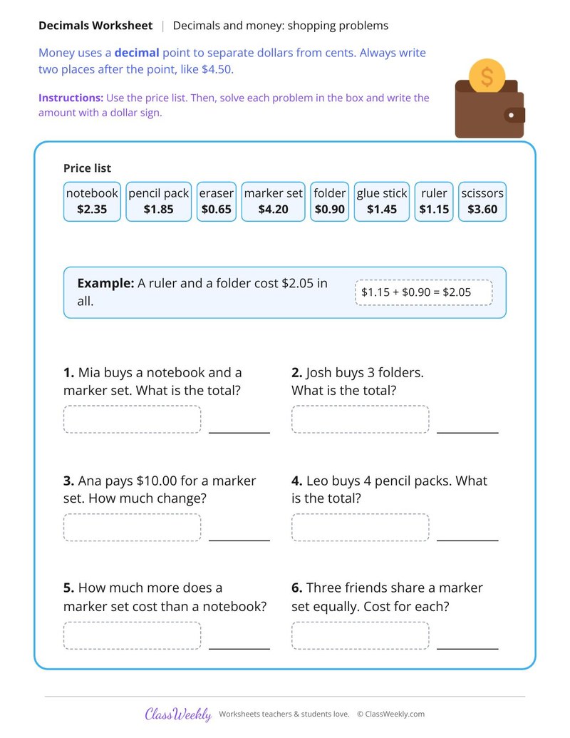 Decimals and Money Shopping Problems - Page 1