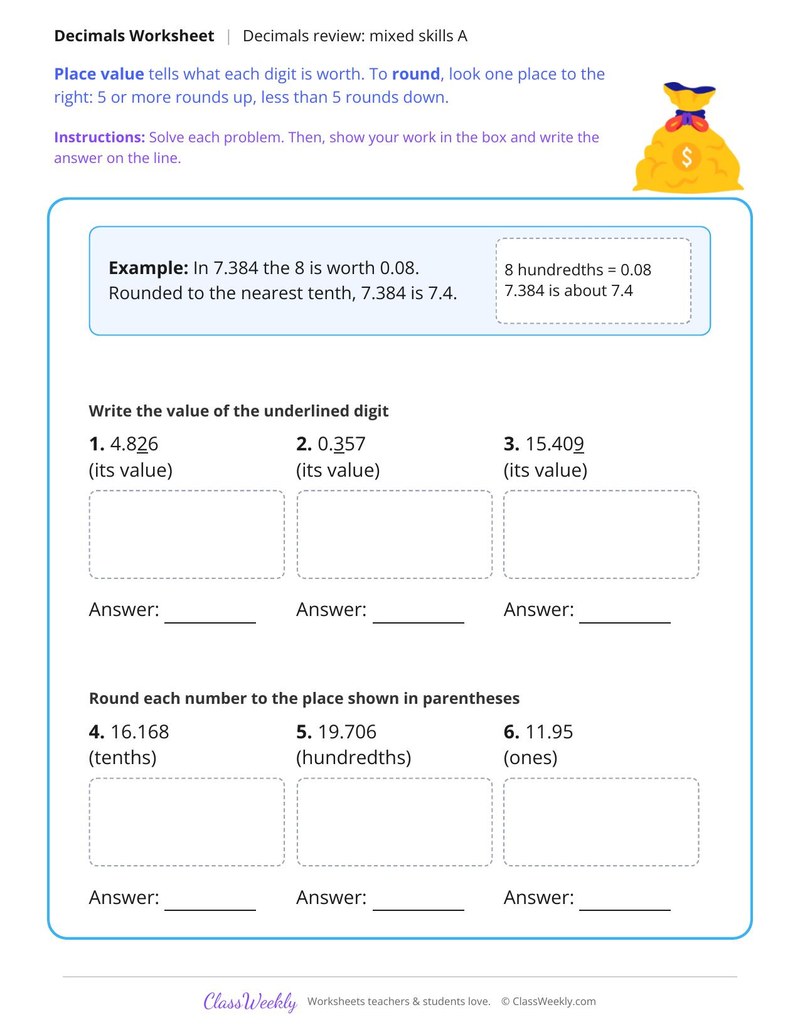 Decimals Review Mixed Skills A - Page 1