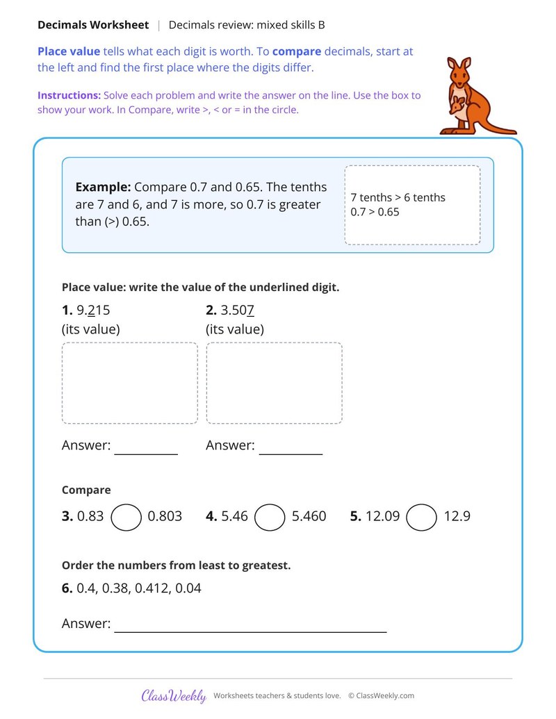 Decimals Review Mixed Skills B - Page 1