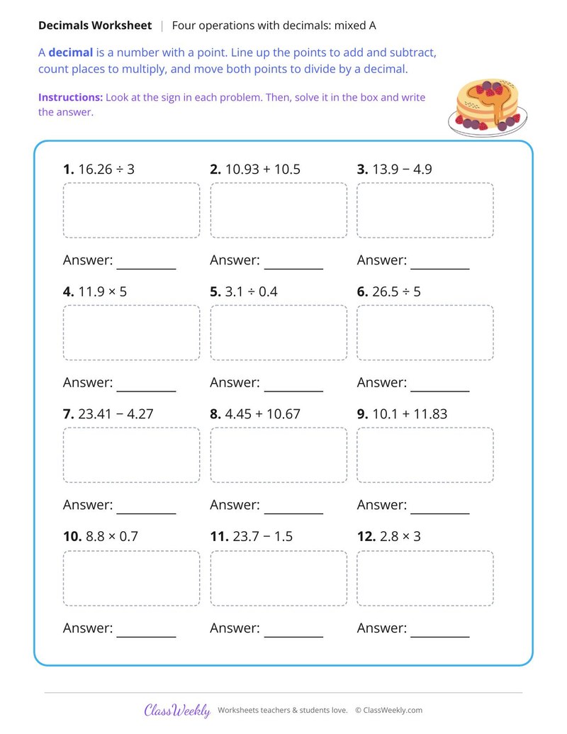 Four Operations with Decimals Mixed Practice A
