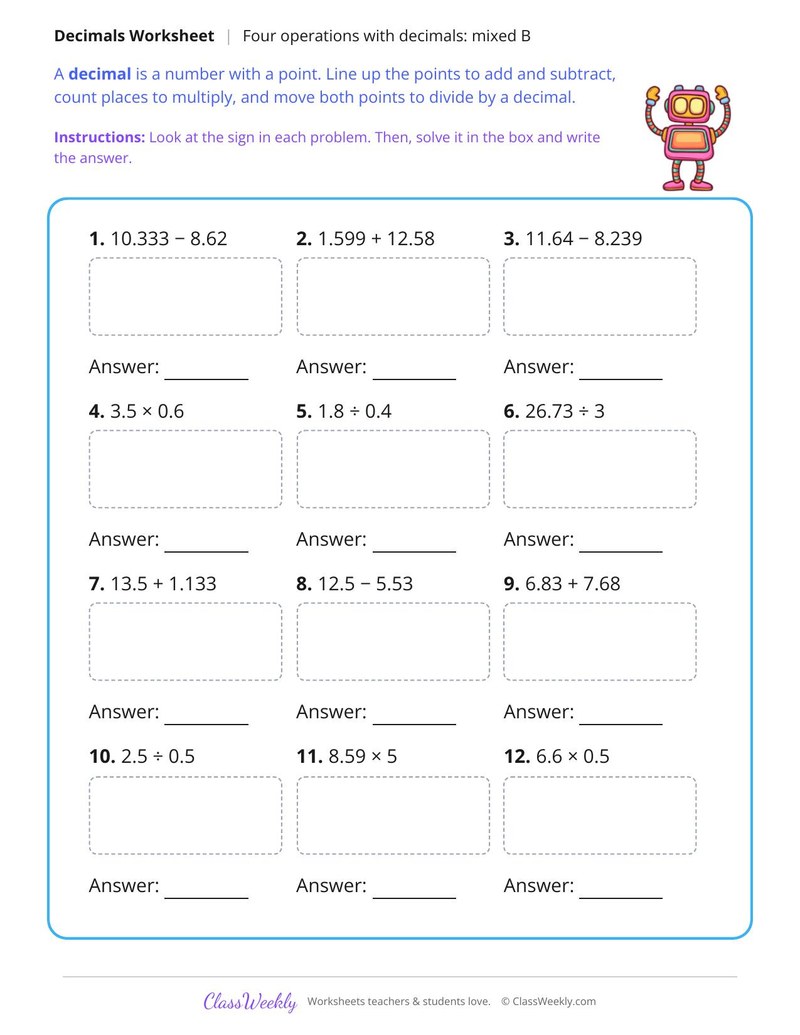 Four Operations with Decimals Mixed Practice B