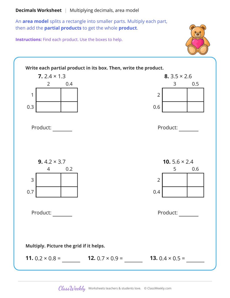 Multiply Decimals with an Area Model - Page 2