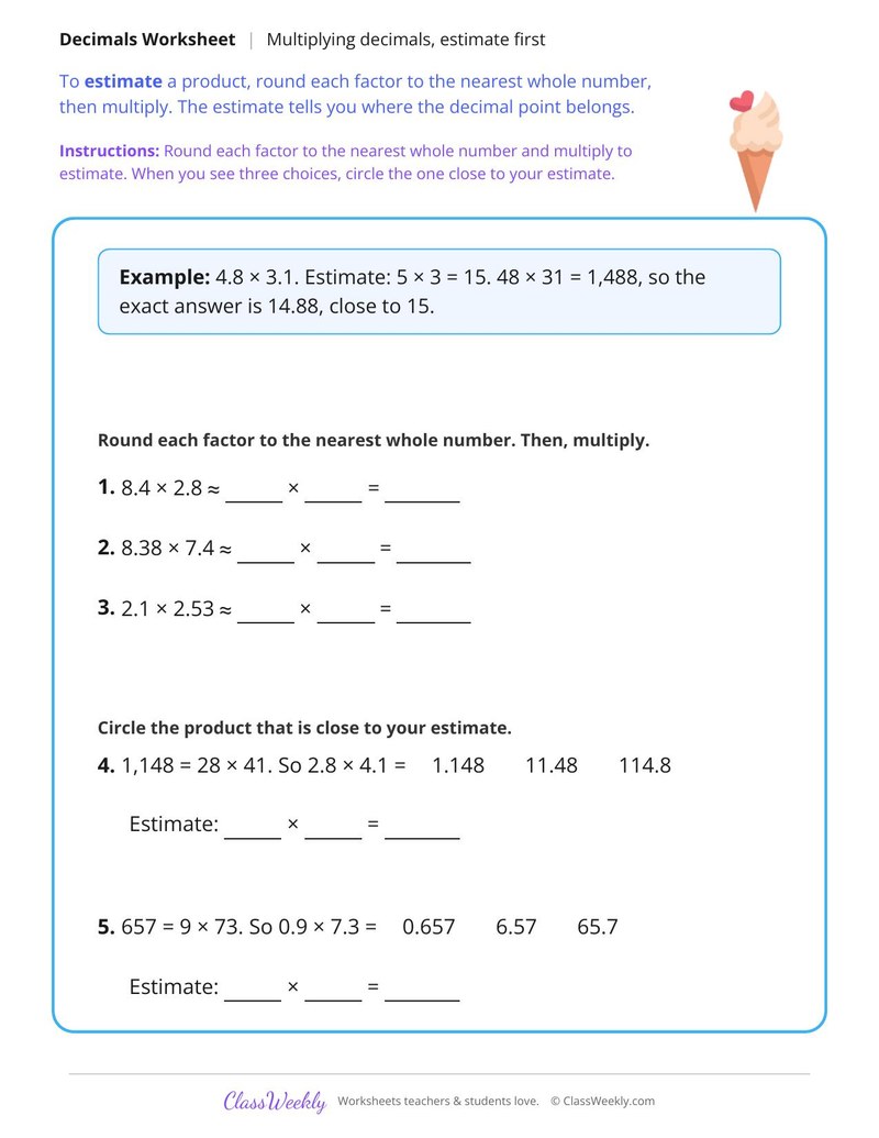 Multiply Decimals by Estimating First - Page 1