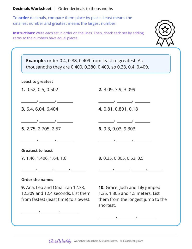 Order Decimals to Thousandths