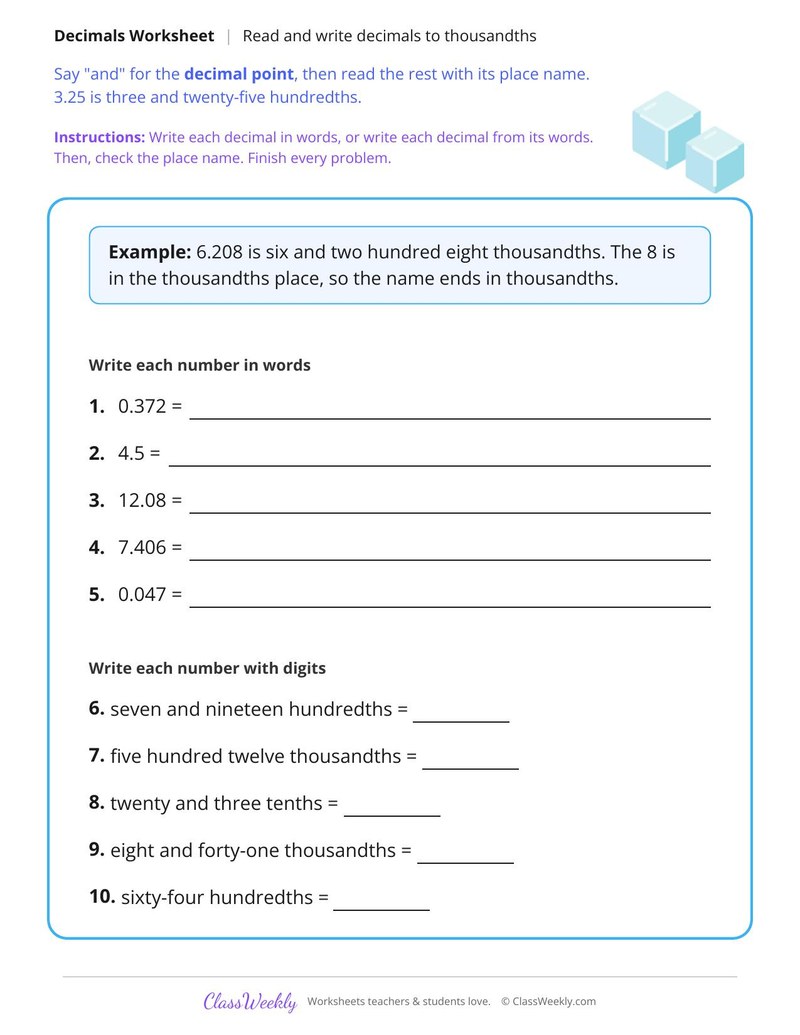 Read and Write Decimals to Thousandths