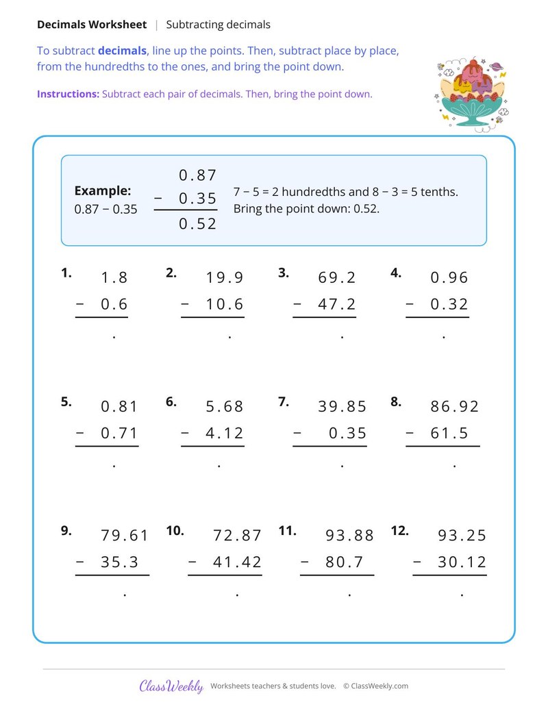 Subtract Decimals with Tenths and Hundredths