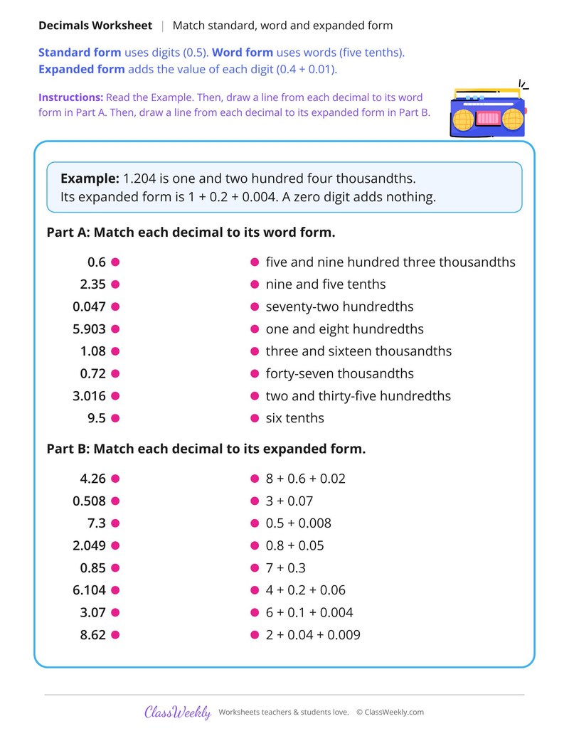 Decimal Word Form Match, Standard, Word and Expanded