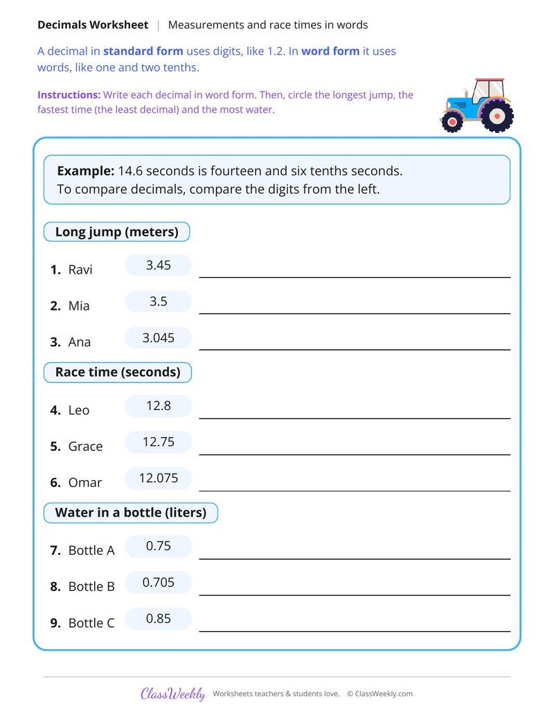 Decimals in Words for Measurements and Race Times
