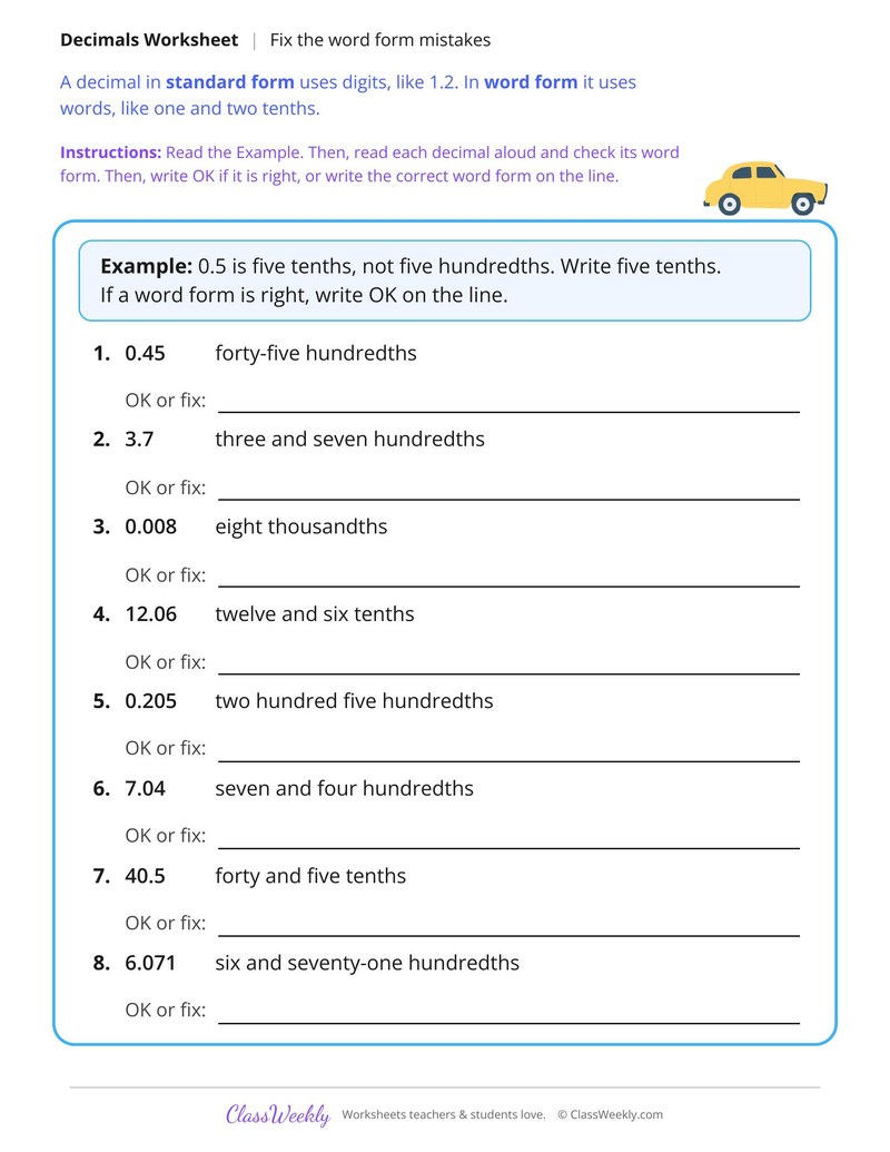 Read Decimals Aloud, Fix the Word Form Mistakes