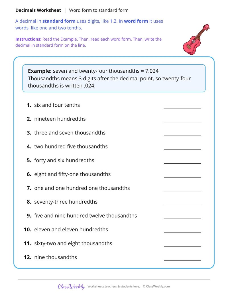 Word Form to Standard Form, Thousandths
