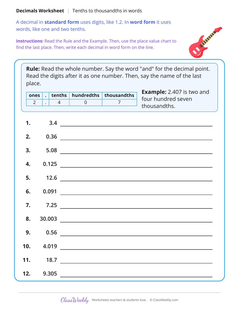 Write Decimals in Words, Tenths to Thousandths
