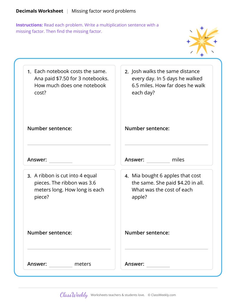 Missing decimal factor word problems