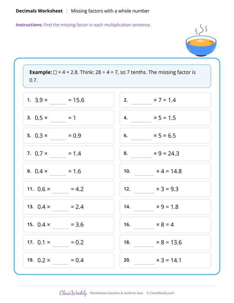Missing factors with decimals and whole numbers