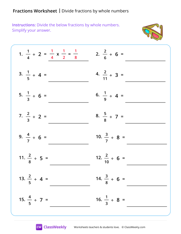 Divide fractions by whole numbers - 3D Glasses