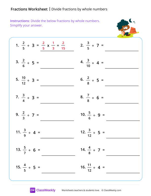 Divide fractions by whole numbers - Camping