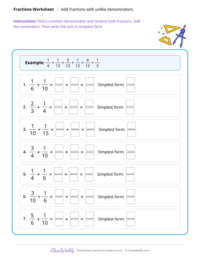 Add fractions with unlike denominators