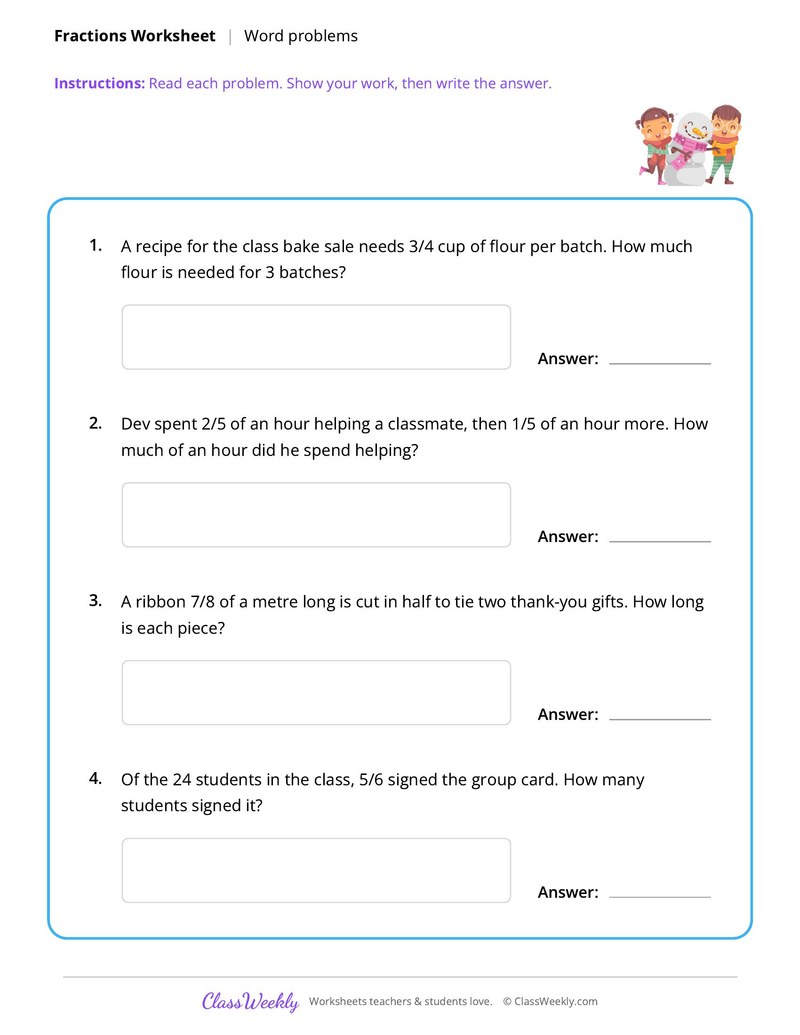 Fractions Word Problems - Friendship & Kindness
