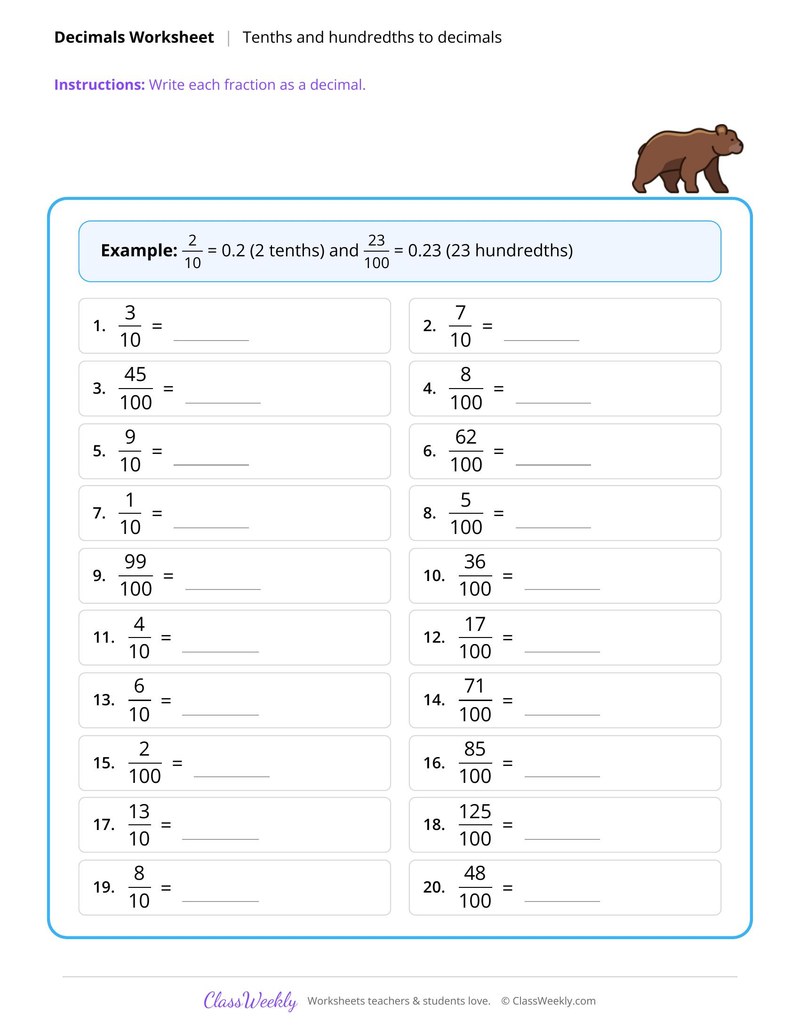 Write tenths and hundredths as decimals