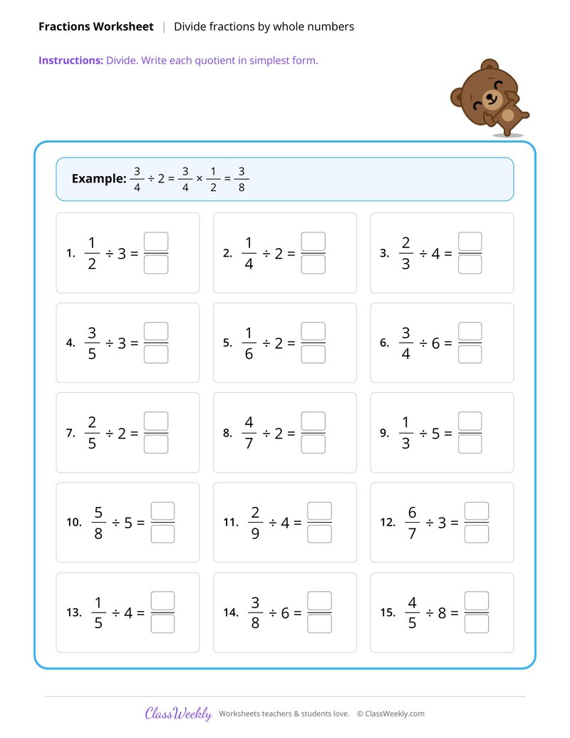 Divide fractions by whole numbers practice