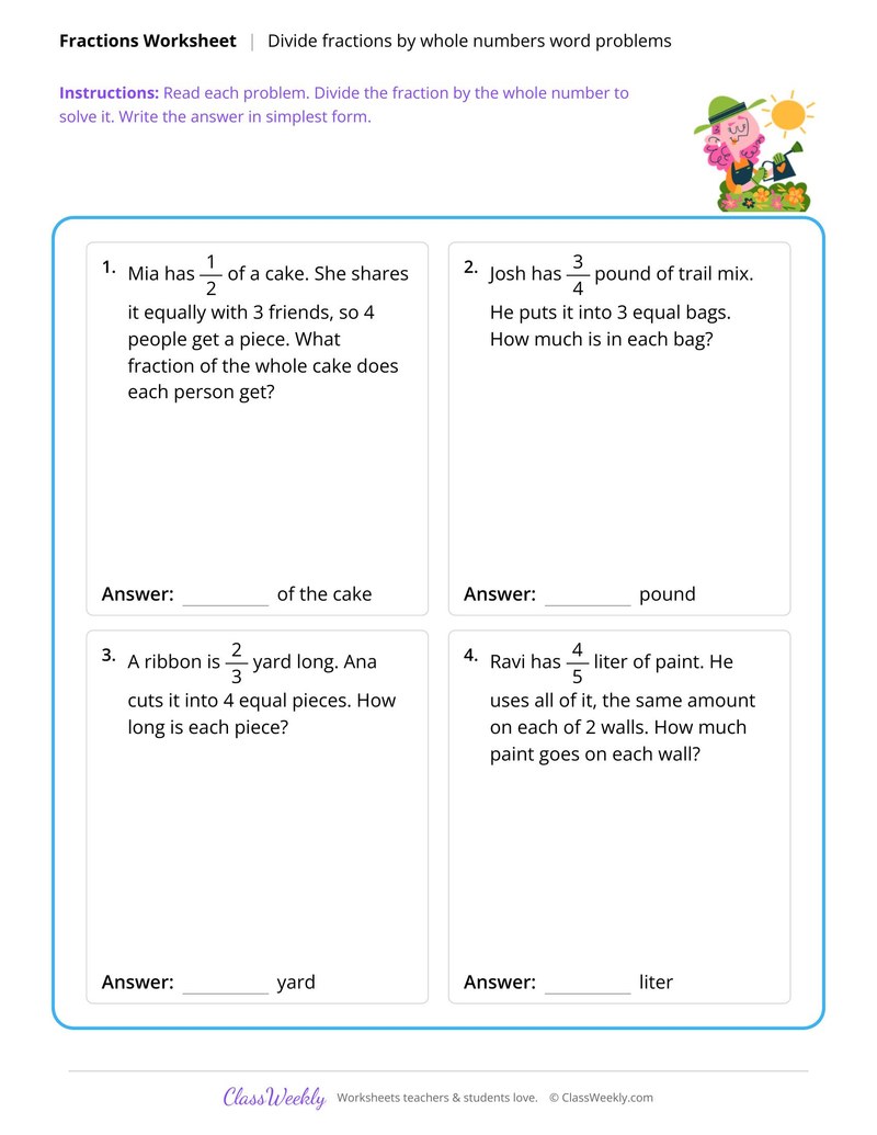 Divide fractions by whole numbers word problems