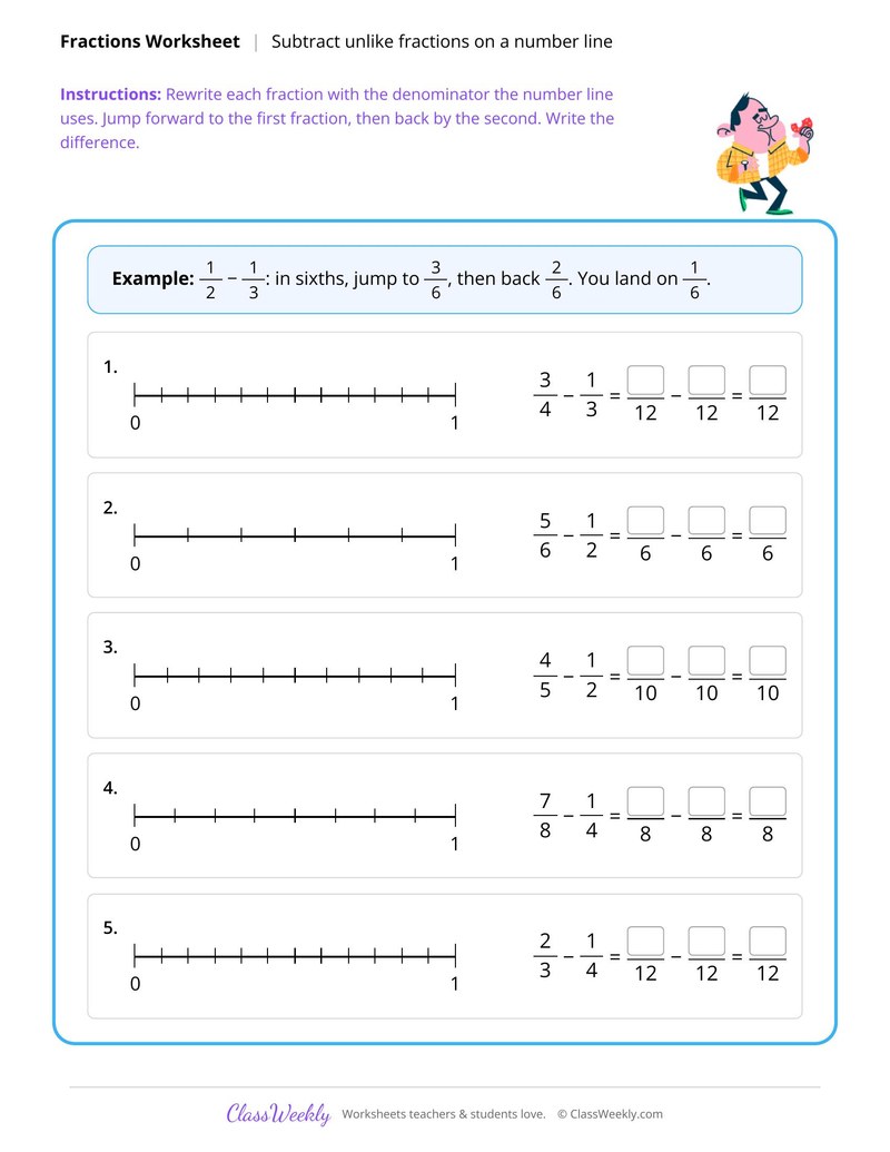 Subtract unlike fractions on a number line