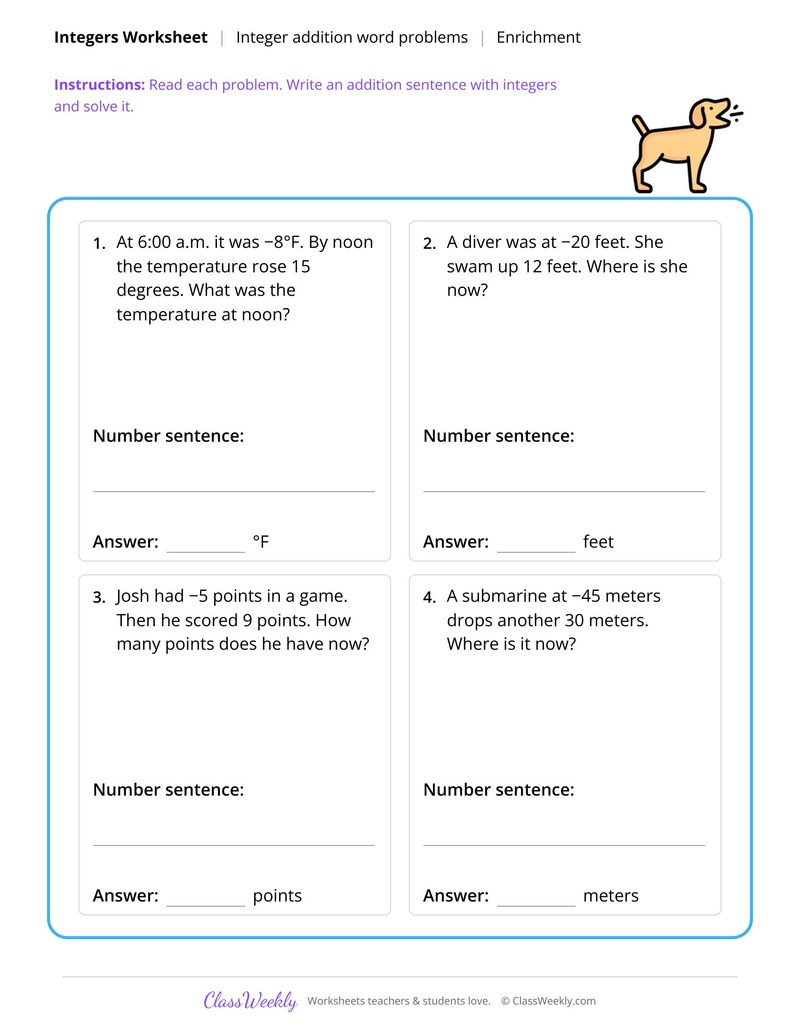 Integer addition word problems