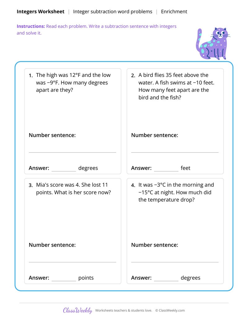 Integer subtraction word problems