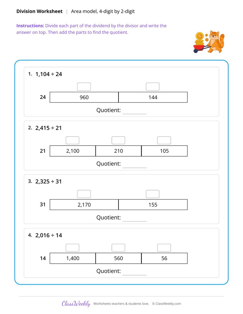 Area model division, 4-digit by 2-digit