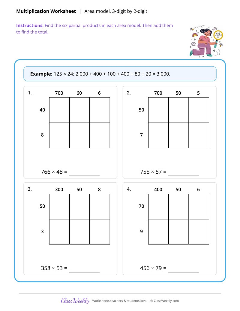 Area model multiplication, 3-digit by 2-digit